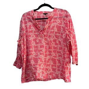 Talbots Womens XL Pink Nautical Rope Print Blouse 100% Cotton Made In Indonesia